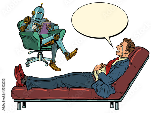A robot psychotherapist at a psychotherapy session with a patient, listens to a businessman, sits in a chair and makes notes in a notebook