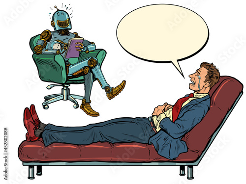 A robot psychotherapist at a psychotherapy session with a patient, laughs and listens to a businessman, sits in a chair and makes notes in a notebook