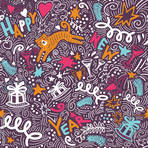 Christmas colored seamless pattern with New Years symbol of animal drawn by hand in doodle style. Tiger, garlands, cake, gifts, glasses, confetti and lettering quote happy new year.