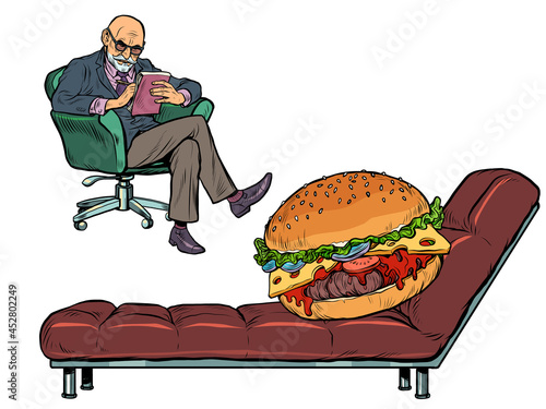 A psychotherapy session with a burger. Overeating and obesity problems