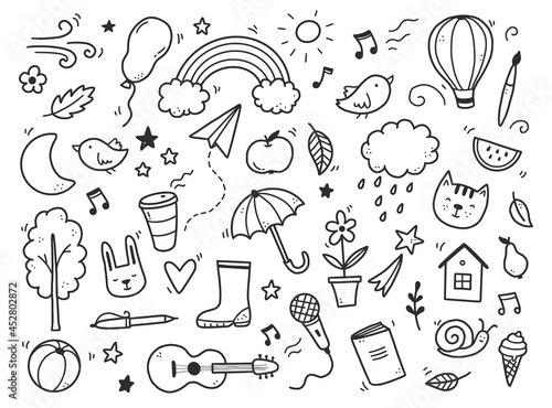 Cute doodle with cloud, rainbow, sun, animal element. Hand drawn line children style. Doodle background vector illustration.