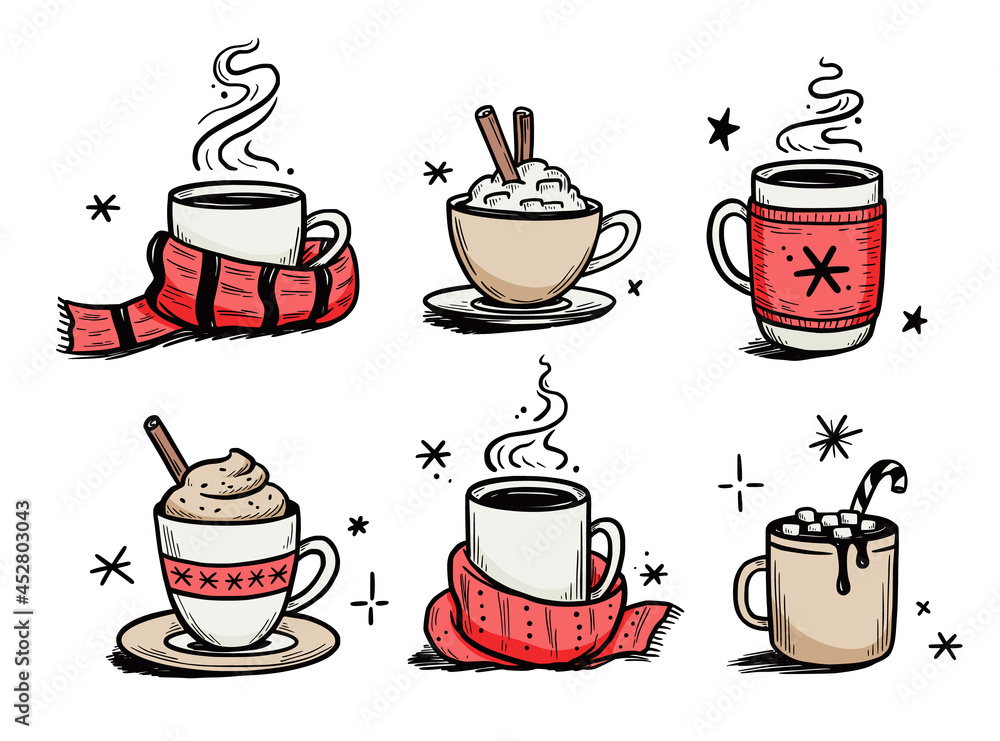 Obraz premium Christmas hot drink set of winter coffee, tea. Hand drawn sketch style. Drink cup, mug with winter scarf. Vector illustration.