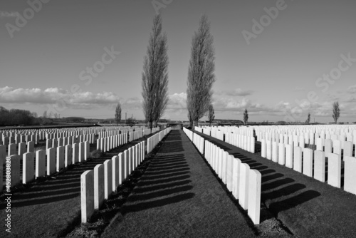 Tyne cot cemetery in black and white, Ieper (Ypres), Belgium. photo