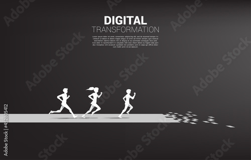 Silhouette of Businessman and businesswoman running on the arrow path with pixel. concept of digital transformation of business.