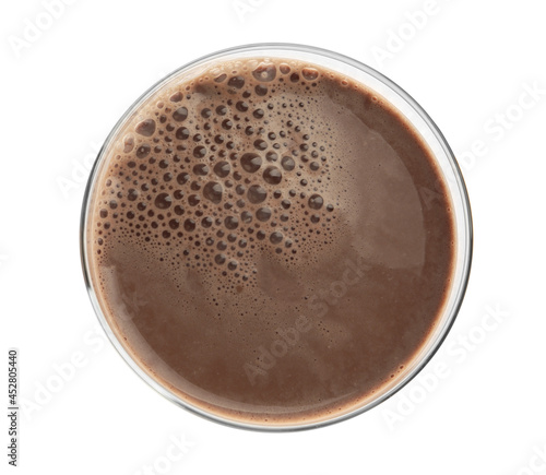 Delicious chocolate milk in glass isolated on white, top view © New Africa