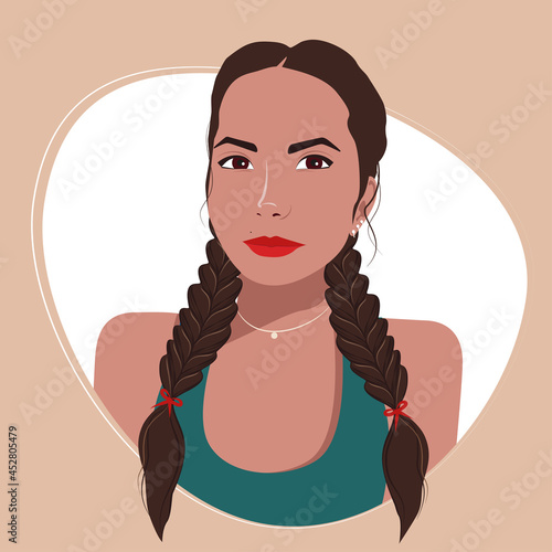 Vector portrait of a girl. Beautiful woman with brown hair. Girl With her hair in braids. Girl in a blue T-shirt on a beige background. Avatar for social networks. Illustration is drawn in flat style