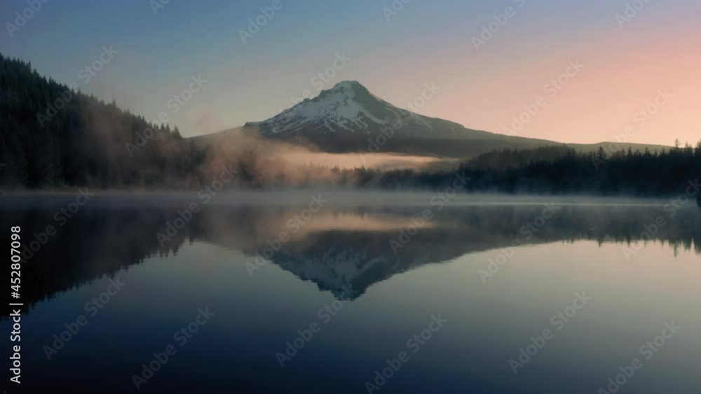 Aerial: Sunrise and mist over Trillium Lake and Mt Hood, Oregon, USA Aerial: Sunrise and mist over Trillium Lake and Mt Hood, Oregon, USA