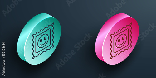 Isometric line LSD acid mark icon isolated on black background. Acid narcotic. Postmark. Postage stamp. Health danger. Turquoise and pink circle button. Vector