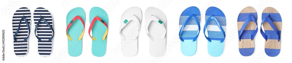Set with different flip flops on white background, top view. Banner design Set with different flip flops on white background, top view. Banner design