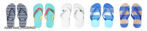 Photos Set with different flip flops on white background, top view