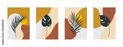 Modern minimal posters with tropical leaves and abstract organic shapes. Vector illustration.