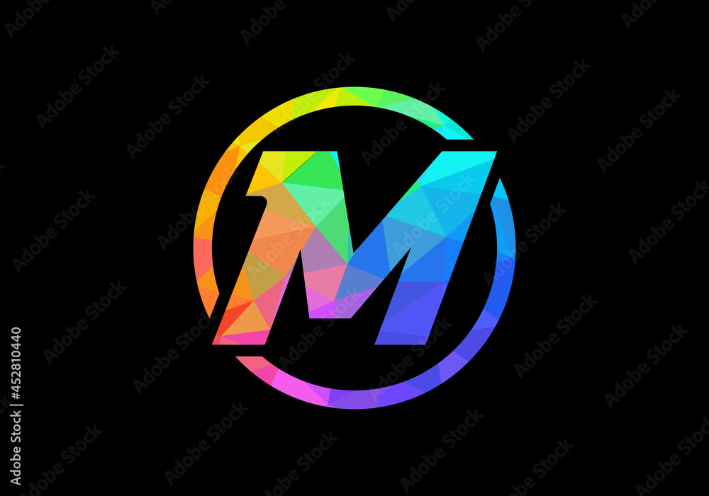 Colorful Initial letter M logo design in a circle. Modern logo for business company visual identity in low poly art style. Font emblem Colorful Initial letter M logo design in a circle. Modern logo for business company visual identity in low poly art style. Font emblem
