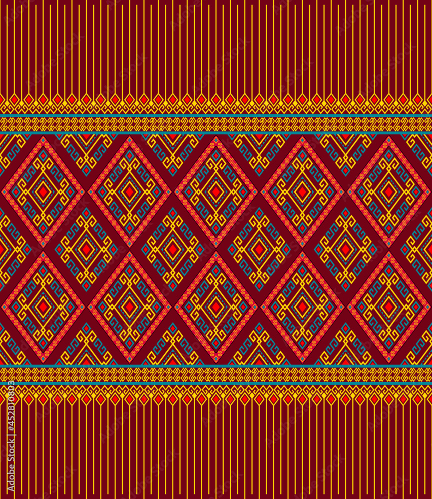Yellow Green Ethnic or Tribal Seamless Pattern on Red Background in Symmetry Rhombus Geometric Bohemian Style for Clothing or Apparel,Embroidery,Fabric,Package Design