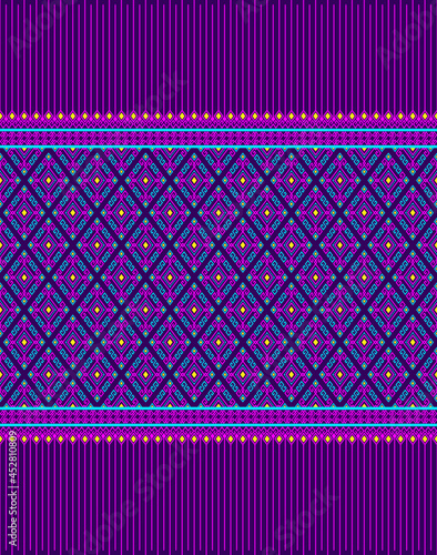 Magenta Turquoise Native or Ethnic Seamless Pattern on Purple Background in Symmetry Rhombus Geometric Bohemian Style for Clothing or Apparel,Embroidery,Fabric,Package Design