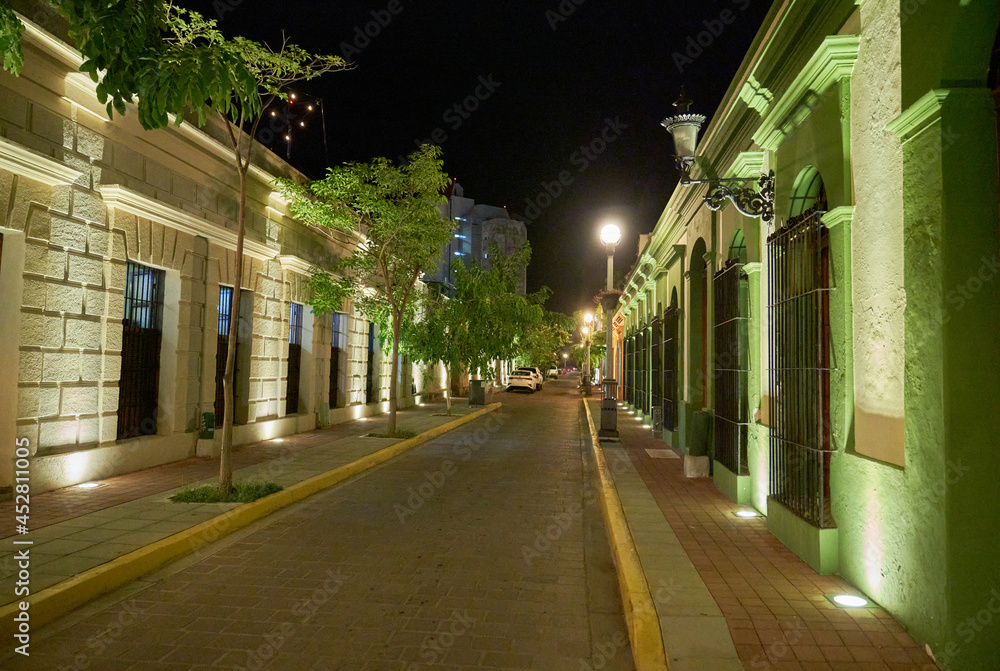 Scenic Street View of Old Town Mazatlán Mexico Historic City; Street at Night in Old Town Mazatlán Mexico  