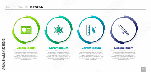 Set Police badge with id case, Hexagram sheriff, Bullet casing ruler and rubber baton. Business infographic template. Vector
