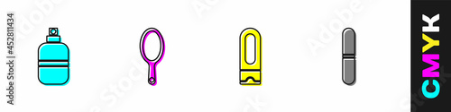 Set Perfume, Hand mirror, Bottle of shampoo and Nail file icon. Vector