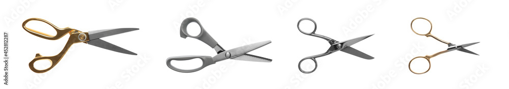 Set with different scissors on white background. Banner design Set with different scissors on white background. Banner design