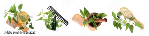 Set with stinging nettle extract, infusion, combs, brush and green leaves on white background, top view. Natural hair care