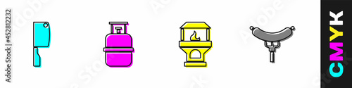 Set Meat chopper, Propane gas tank, Brick stove and Sausage on the fork icon. Vector