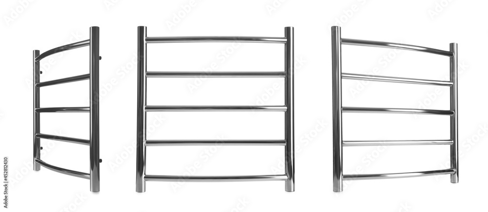 Set with modern heated towel rails on white background. Banner design Set with modern heated towel rails on white background. Banner design