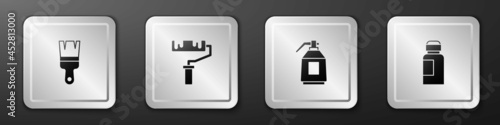 Set Paint brush, roller, spray gun and Paint, gouache, jar, dye icon. Silver square button. Vector