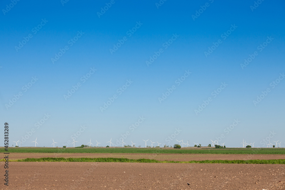 Obraz premium Landscape of Voivodina, Serbia, with blurred windmills in background. This windfarm, made of wind turbines, aimed at producing renewable energy and green electricity. .