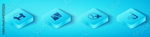 Set Isometric Armchair, Rubber flippers for swimming, Diving mask and snorkel and Clock with airplane icon. Vector