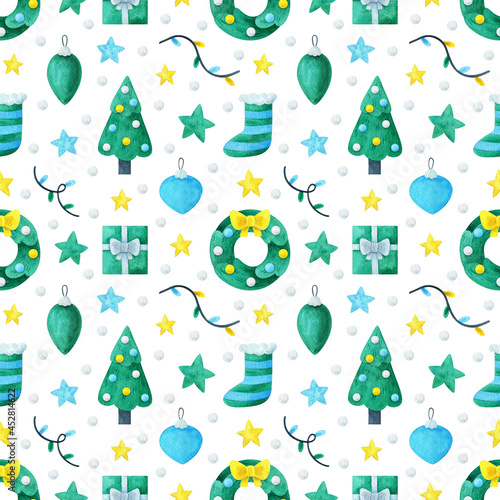 Seamless pattern with a Christmas design. A wreath, a Christmas tree, a garland, a star, a Christmas ball on a white background. Watercolor festive ornament. Cute print with  New Year's  illustrations