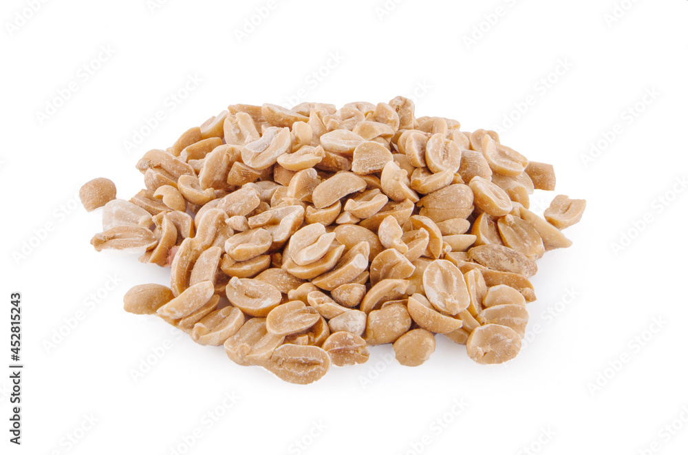 Roasted salted peanuts on a white plate on a white background Roasted salted peanuts on a white plate on a white background