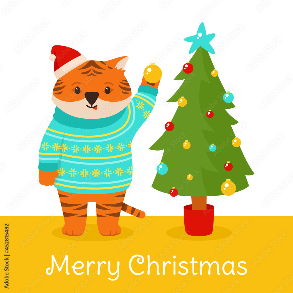 Naklejka premium Christmas card with Tiger mascot new year. Animal tiger in Santa hat with Christmas tree cartoon flat postcard. Banner comic cute stripe big cat, clipart symbol Happy New year vector