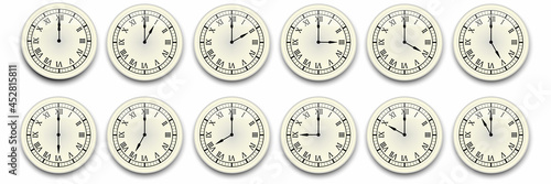 Clock icon set. Watch, time icon vector. Realistic wall clock set. Time icon set. Vector illustration. Stock image. 