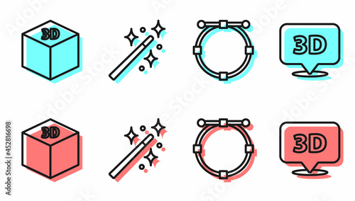 Set line Circle with Bezier curve, Isometric cube, Magic wand and Speech bubble with text 3D icon. Vector