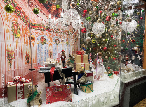 Shopping store window decorated for Christmas. Saratoga springs, NY, winter 2021