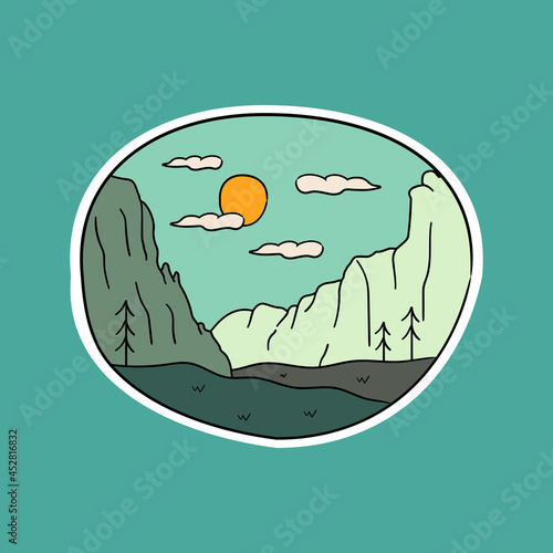 View of Zion National Park with starry sky in mono line art, patch badge design, emblem design, T-Shirt Design