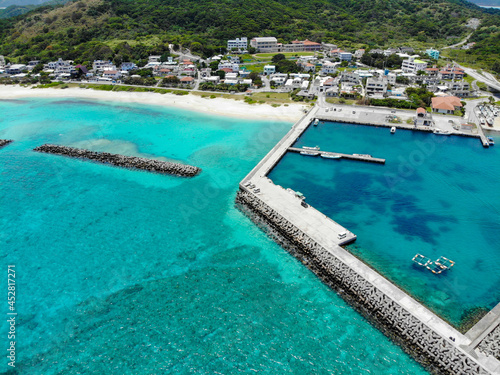                                                                                                        Aerial view of Aka Island in the Kerama Islands  Zamami Village  Shimajiri County  Okinawa Prefecture  taken with a drone.