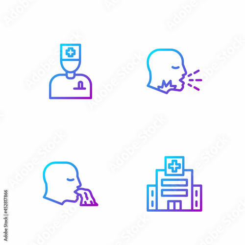 Set line Medical hospital building, Vomiting man, Male doctor and Man coughing. Gradient color icons. Vector