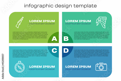 Set line Compass, Hunting gun, Photo camera and Bandana or biker scarf. Business infographic template. Vector