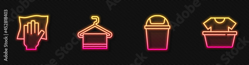 Set line Trash can, Cleaning service, Towel on hanger and Basin with shirt. Glowing neon icon. Vector