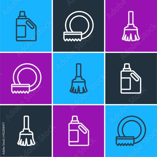 Set line Bottle for cleaning agent, Feather broom and Washing dishes icon. Vector