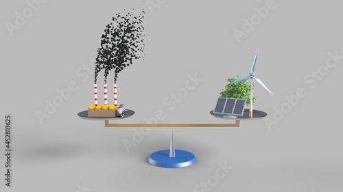 3d rendering to illustrate carbon neutrality. Carbon dioxide emitted from fossil fuels is neutralized with renewable energy. photo