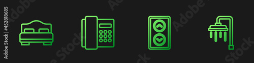 Set line Lift, Hotel room bed, Telephone handset and Shower. Gradient color icons. Vector