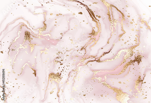 Liquid marble painting background design with gold glitter dust texture.