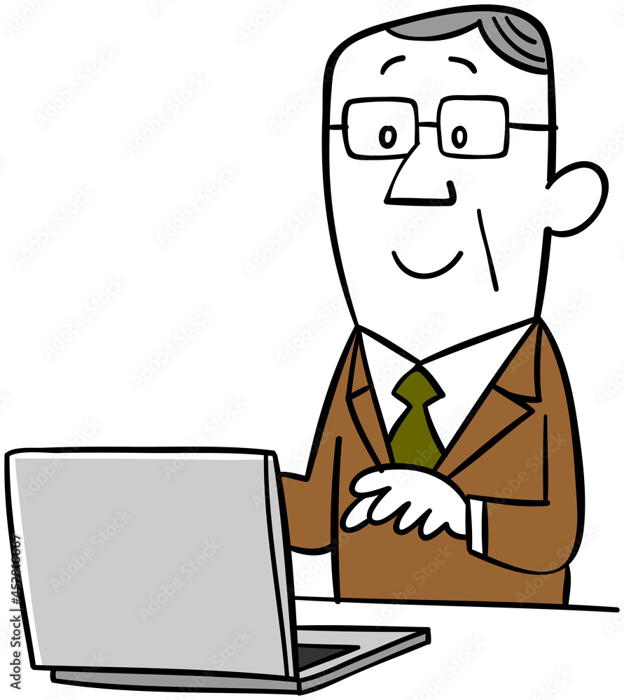 ノートパソコンで作業する年配の男性
