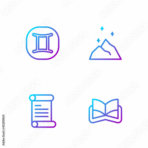 Set line Ancient magic book, Decree, parchment, scroll, Gemini zodiac and Magic powder. Gradient color icons. Vector