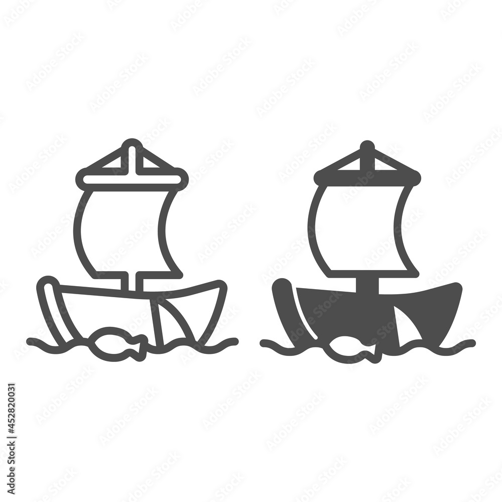 Old sailboat in the sea with fishing net line and solid icon, asian culture concept, boat vector sign on white background, outline style icon for mobile concept and web design. Vector graphics. Old sailboat in the sea with fishing net line and solid icon, asian culture concept, boat vector sign on white background, outline style icon for mobile concept and web design. Vector graphics.