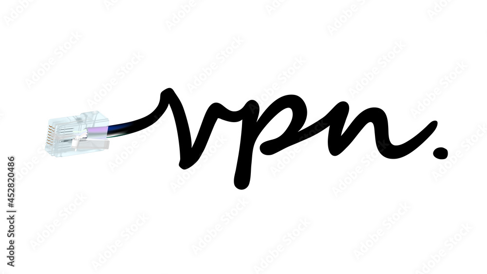 Vpn lettering and rj-45 connector isolated on white. Secure and ...