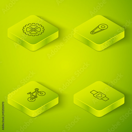Set Isometric line Bicycle chain with gear, , Smart watch and sprocket crank icon. Vector