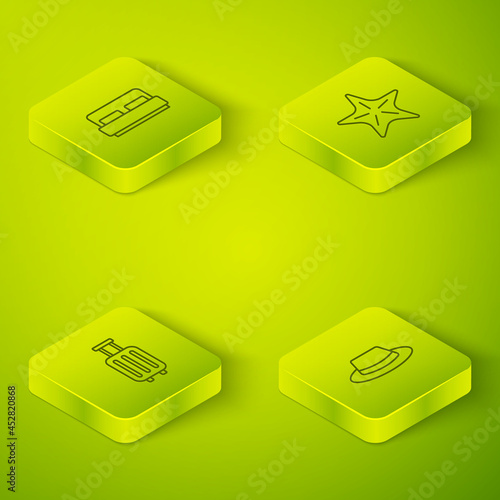 Set Isometric line Starfish, Suitcase, Man hat with ribbon and Hotel room bed icon. Vector