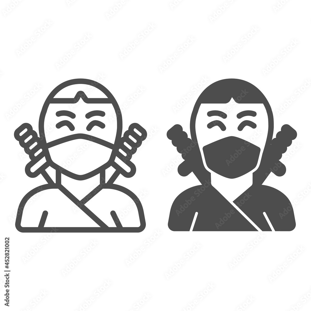 Ninja, avatar of man in mask with two sword line and solid icon, asian culture concept, fighter vector sign on white background, outline style icon for mobile concept and web design. Vector graphics.